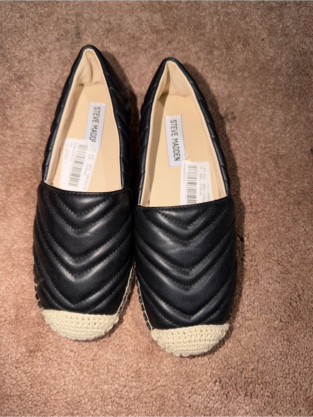 Steve Madden Winnow Quilted Espadrille Flats Slip On Resort Chic Black Shoe Sz 7